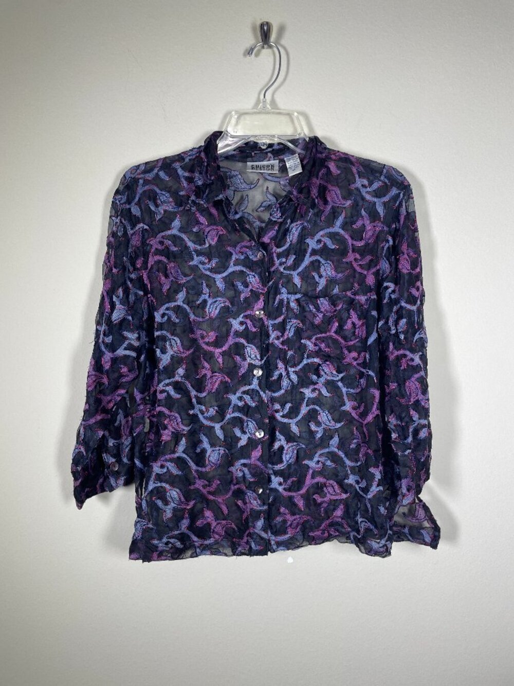 Chico's Design Women's Sheer BU Blouse Silk Blend Purple Blue Floral 1 (M)!